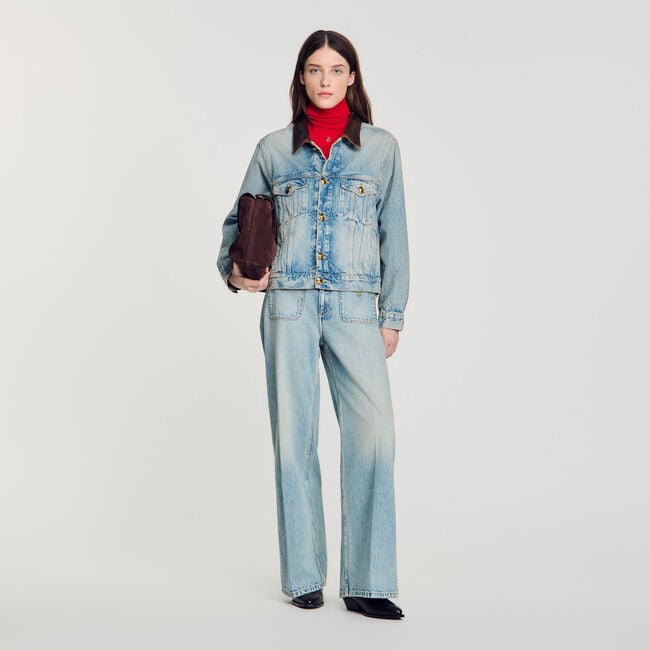 Denim jacket with leather collar