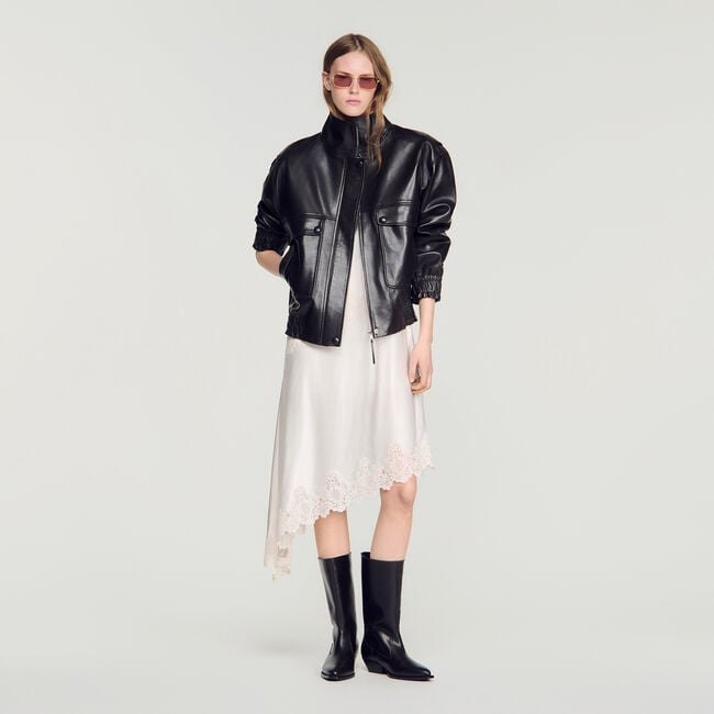 Standing collar leather jacket