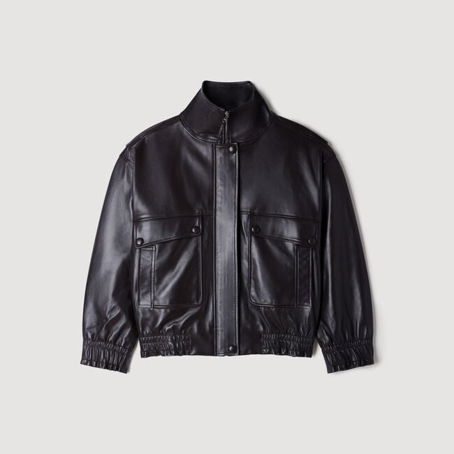 Standing collar leather jacket