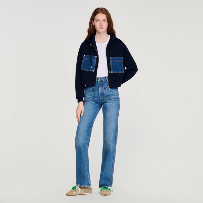 Knit and denim sweatshirt
