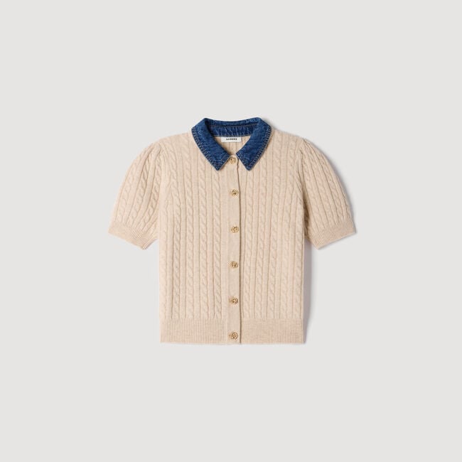 Cardigan with removable denim collar