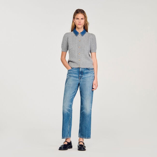 Cardigan with removable denim collar