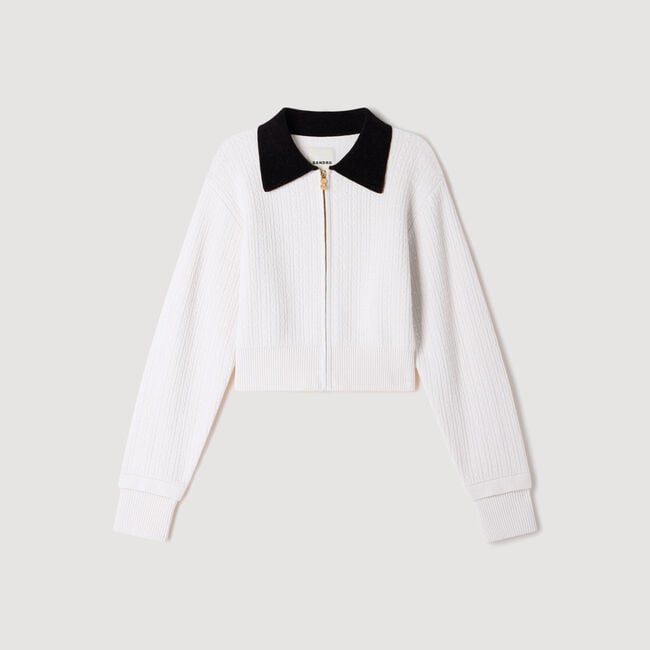 Cable knit velvet collar cardigan