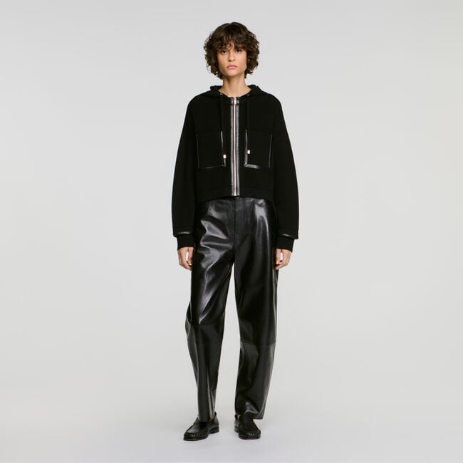 Hooded cardigan with leather trim