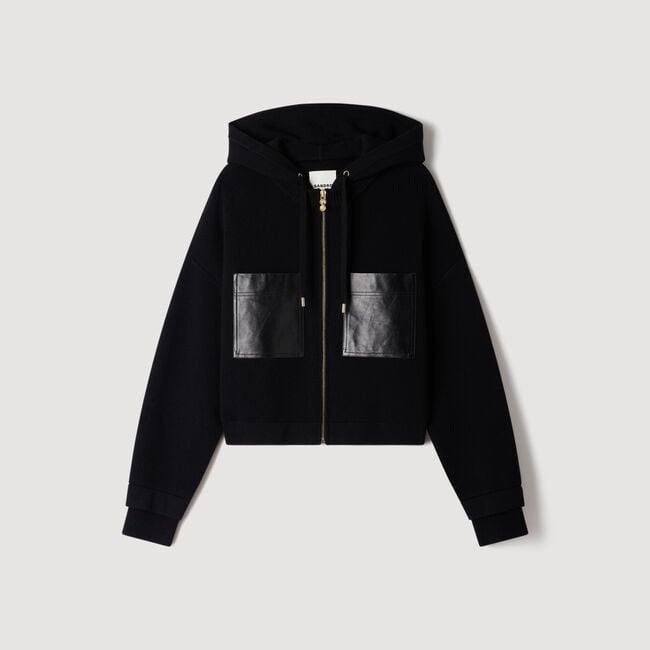 Hooded cardigan with leather trim