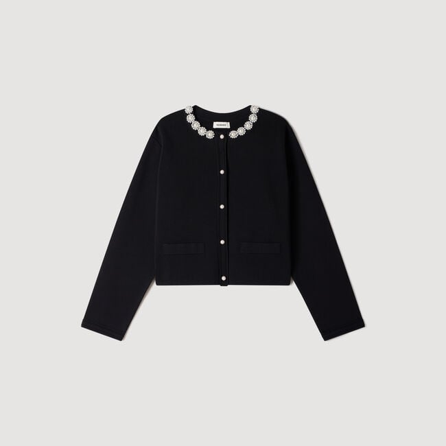 Cardigan with pearl flower collar