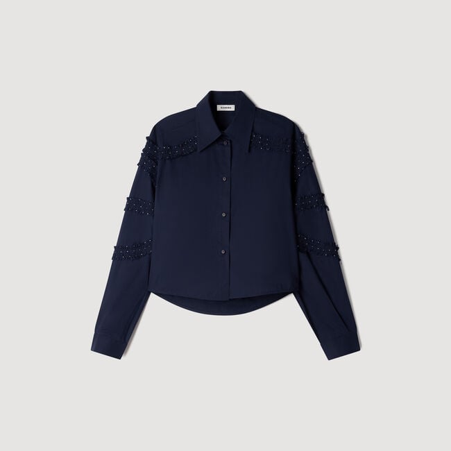 Gathered rhinestone cotton shirt