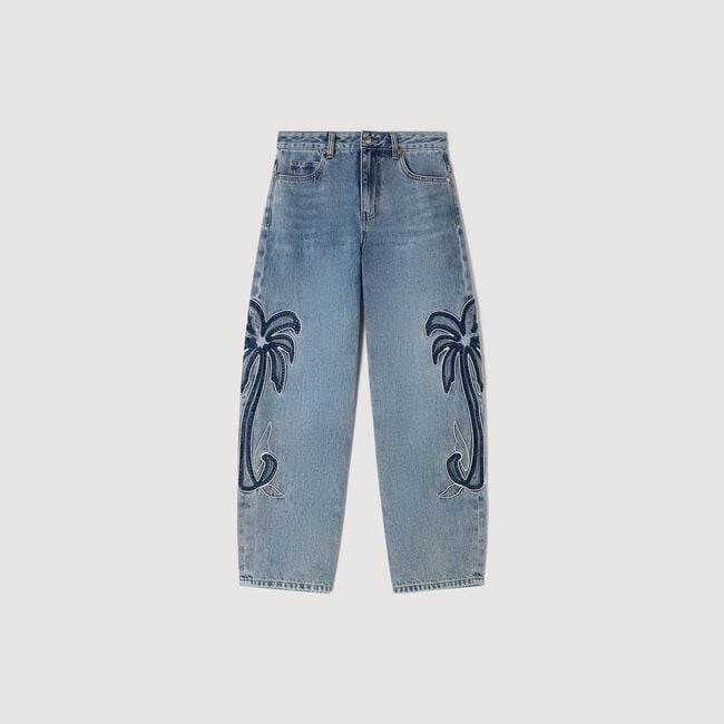 Palm-embroidered wide barrel jeans