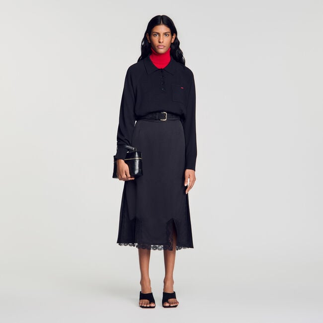 Midi mixed-material lace skirt