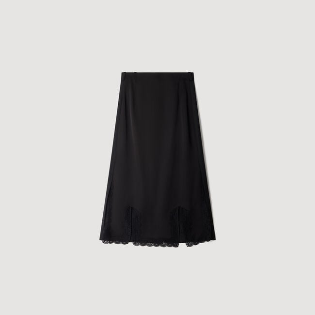Midi mixed-material lace skirt