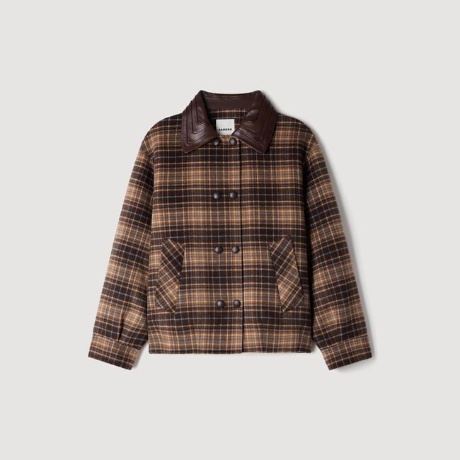 Check jacket with leather collar