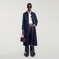 Trench with pleated leather collar