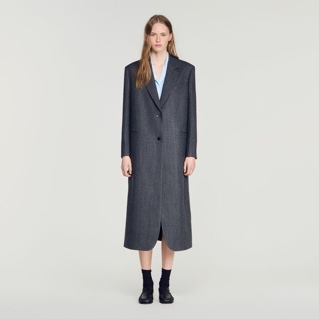 Long wool coat with rhinestones