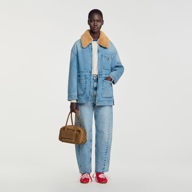 Denim coat with faux fur collar