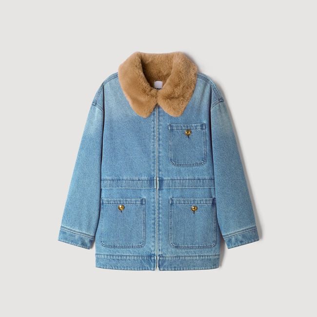 Denim coat with faux fur collar