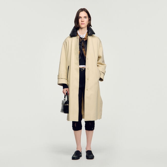 Long coat with leather collar
