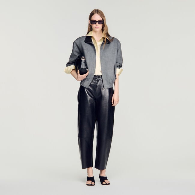 Leather barrel-leg trousers