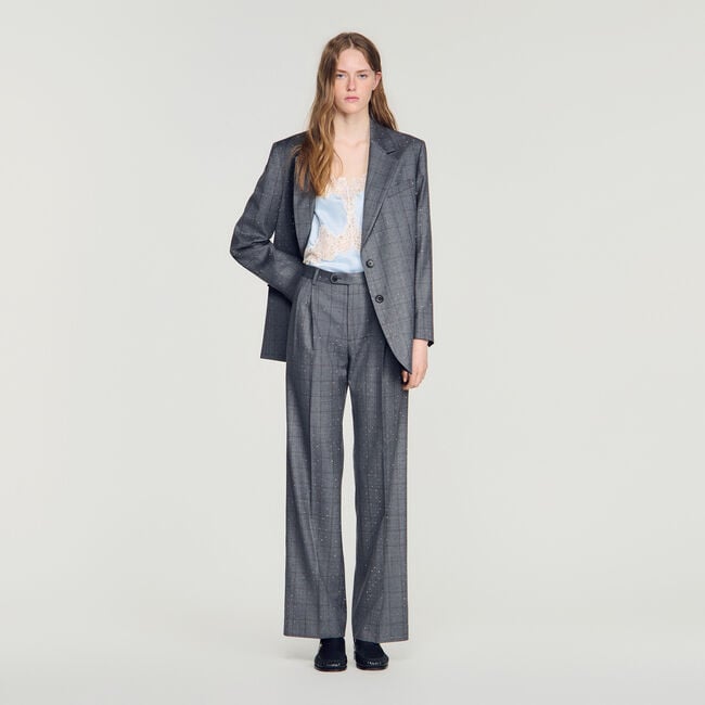 Rhinestone check wool trousers