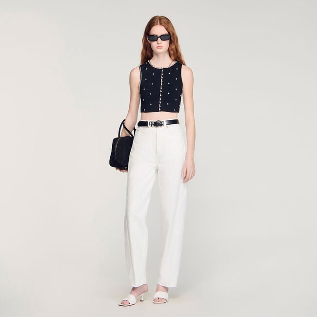 Jewelled embroidered knit crop top