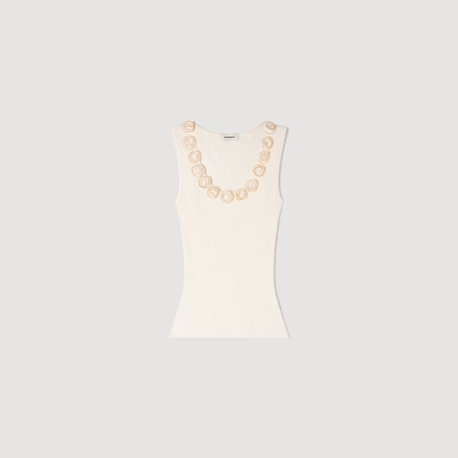 Ribbed knit top with beaded roses