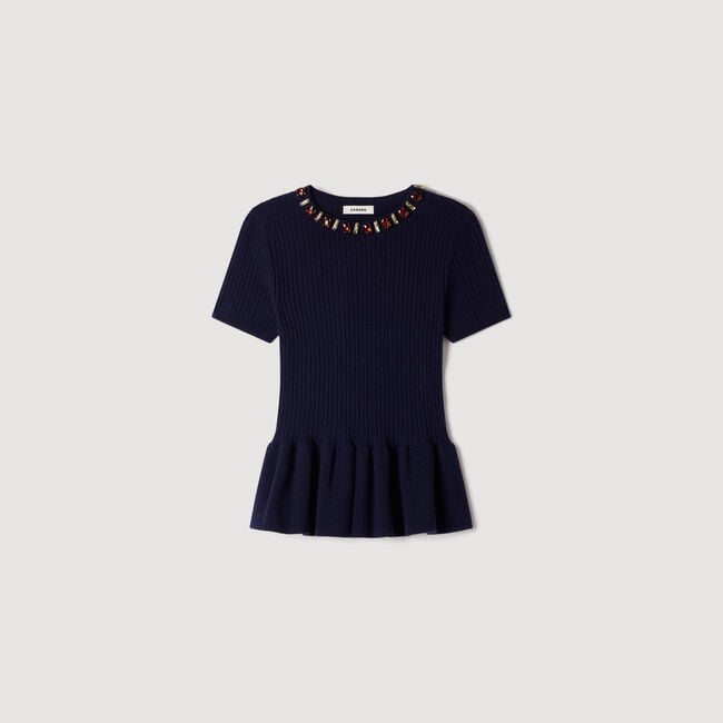 Peplum sweater with rhinestone neckline