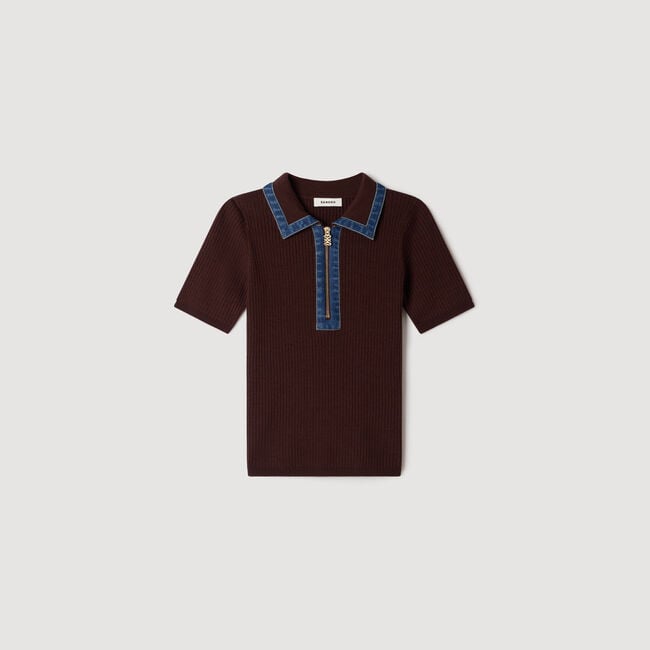 Polo Sweater with Denim Collar