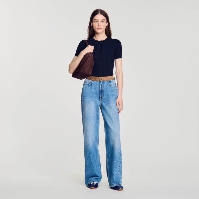 Ribbed short-sleeved knit top