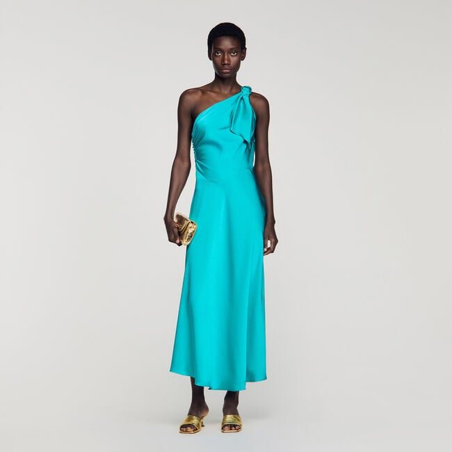 Satin-effect maxi dress with bow