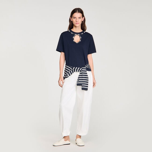 Rhinestone openwork T-shirt