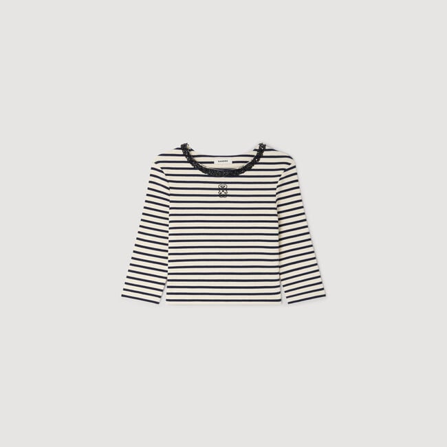 Short striped tee with beaded collar